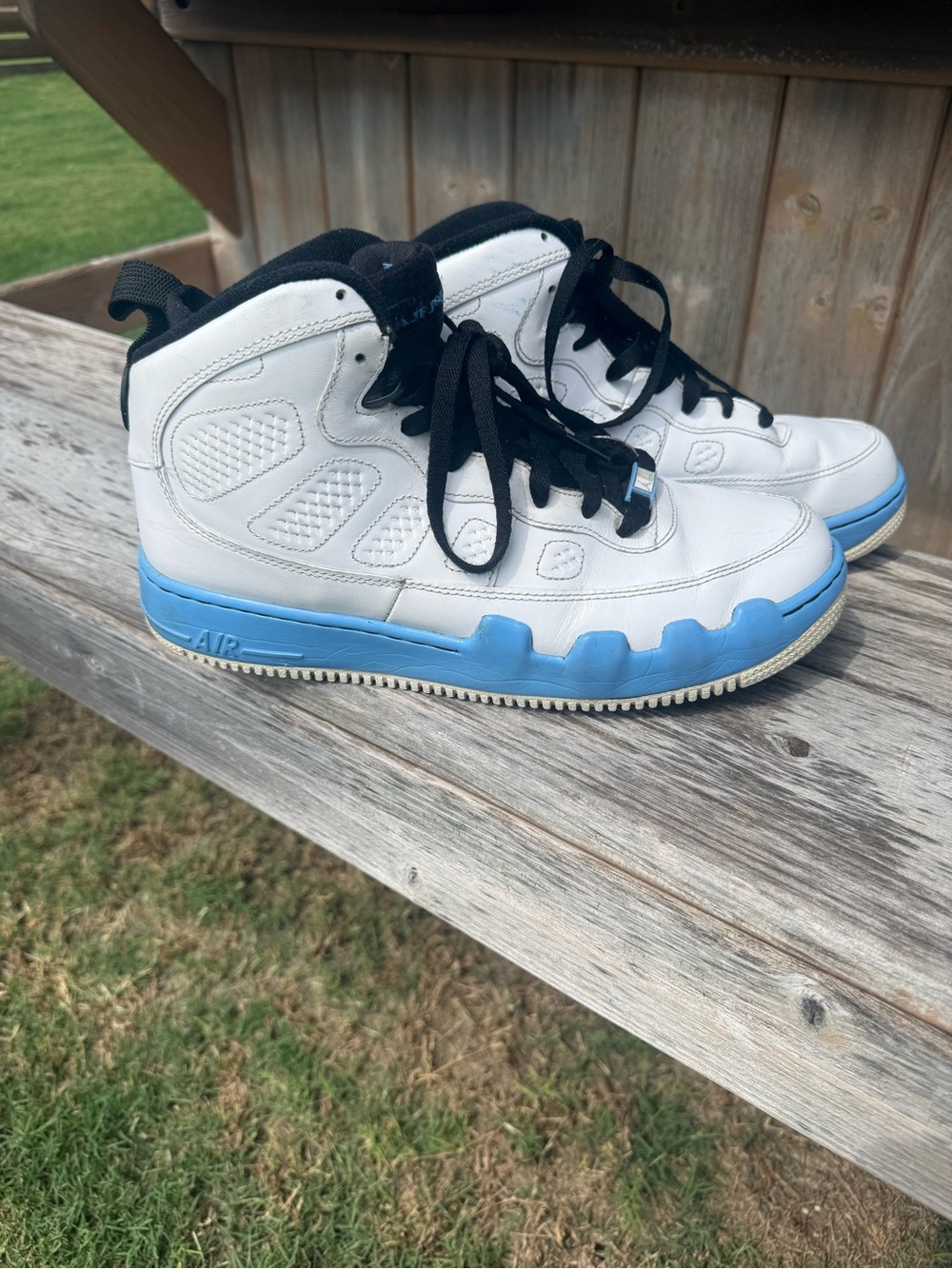 Nike Jordan Fusion 9 White and Light Blue HighTop Sneakers with Black Accents